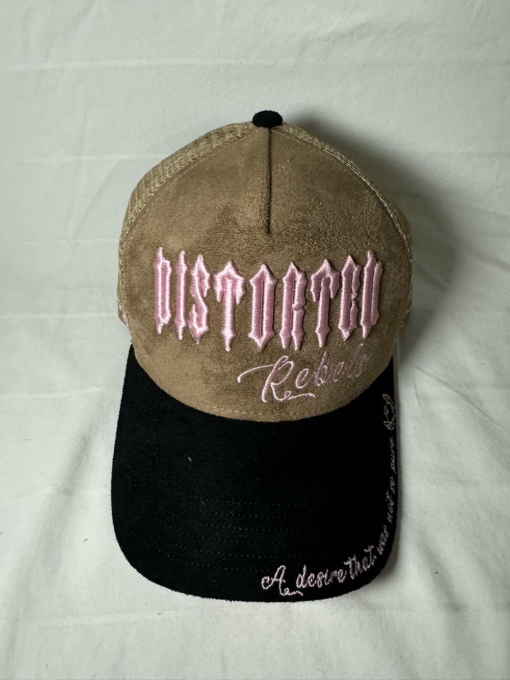 Two-Tone Brown and Black Cap with Pink Script Embroidery